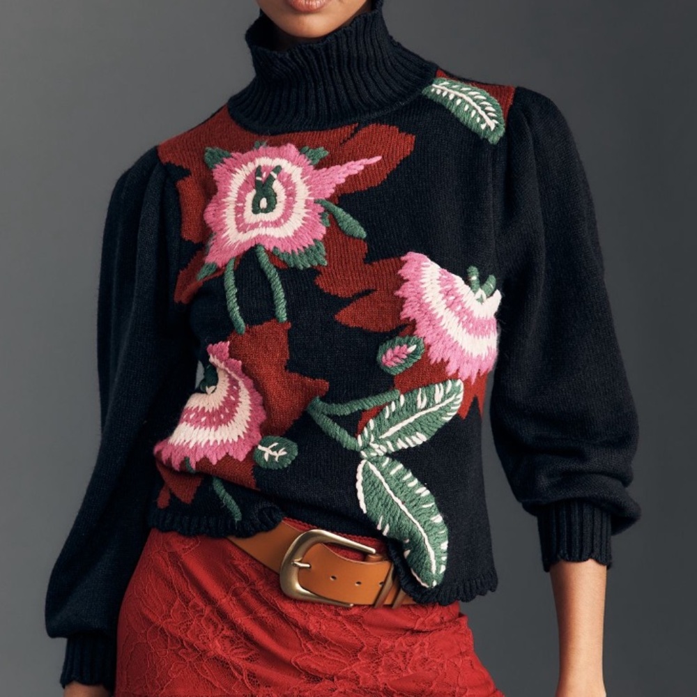 *NWT* Farm Rio Bold Colorful Flower Knit Mock neck Pullover Sweater, size S